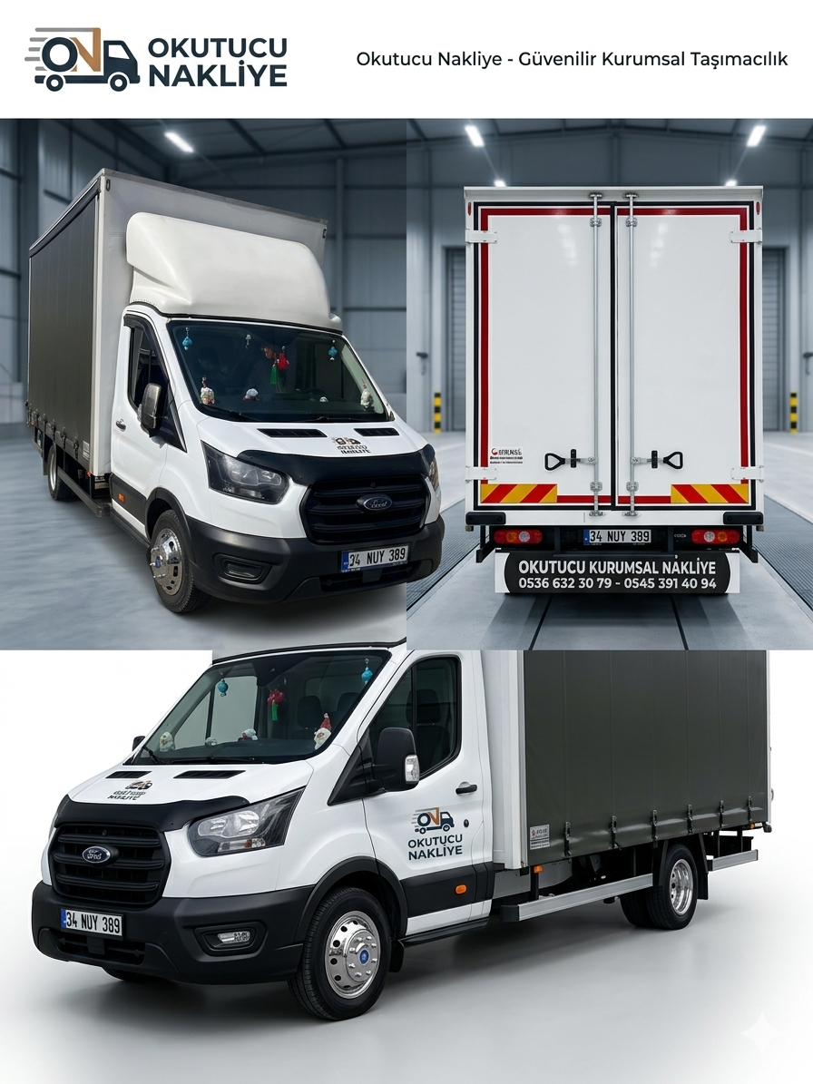 Okutucu Nakliyat — kurumsal nakliyat aracı; logo ve iletişim bilgileriyle tanıtım görseli